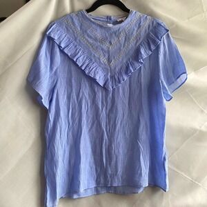 LE LIS Lace Ruffle Blue Top Large 1970s Retro Cottage Feminine Prairie Folk Boho